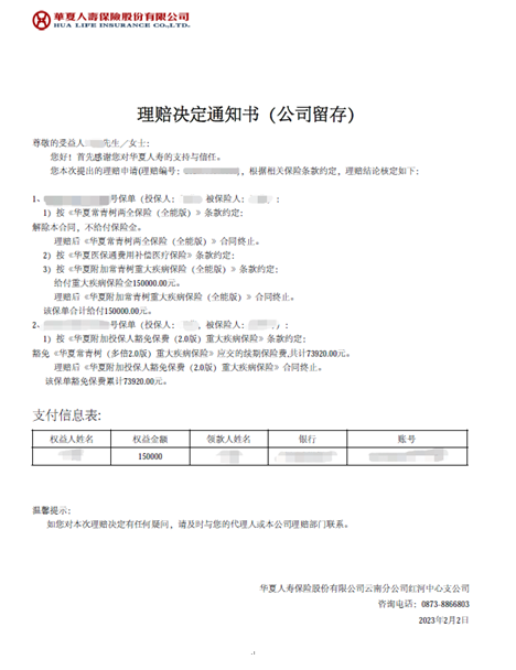 華夏保險紅河中支賠付15萬重疾保險金