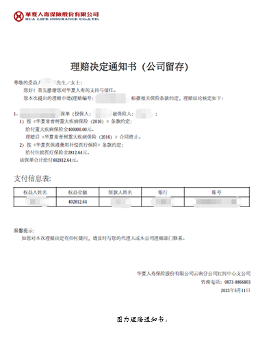 華夏保險紅河中支賠付40萬重疾保險金